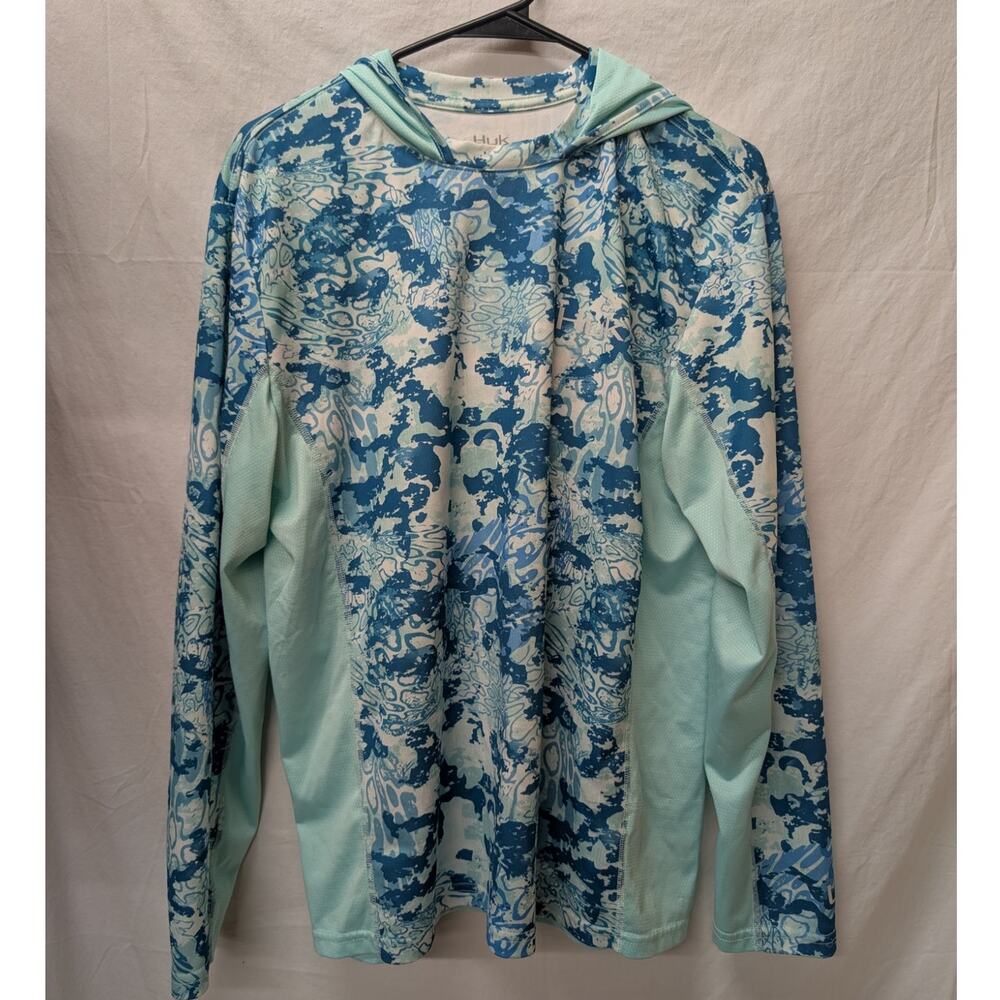 Huk Men's Blue White Icon X Tide Fishing Hoodie Medium